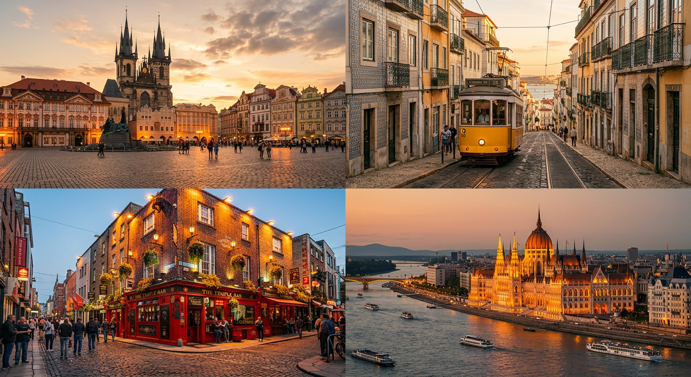 Beautiful European cities at golden hour - Prague, Lisbon, Dublin, Budapest