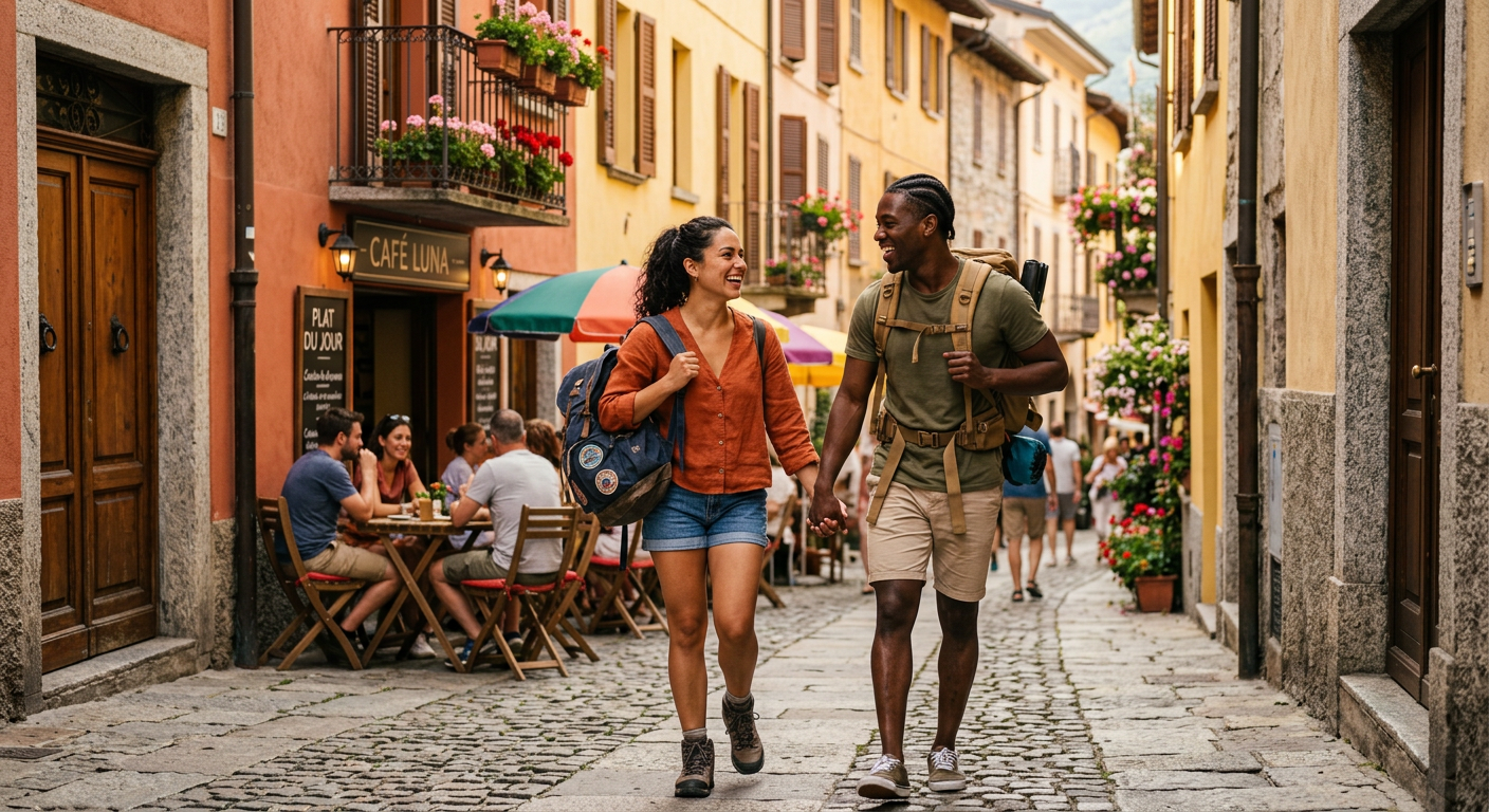 Happy travelers exploring charming European streets